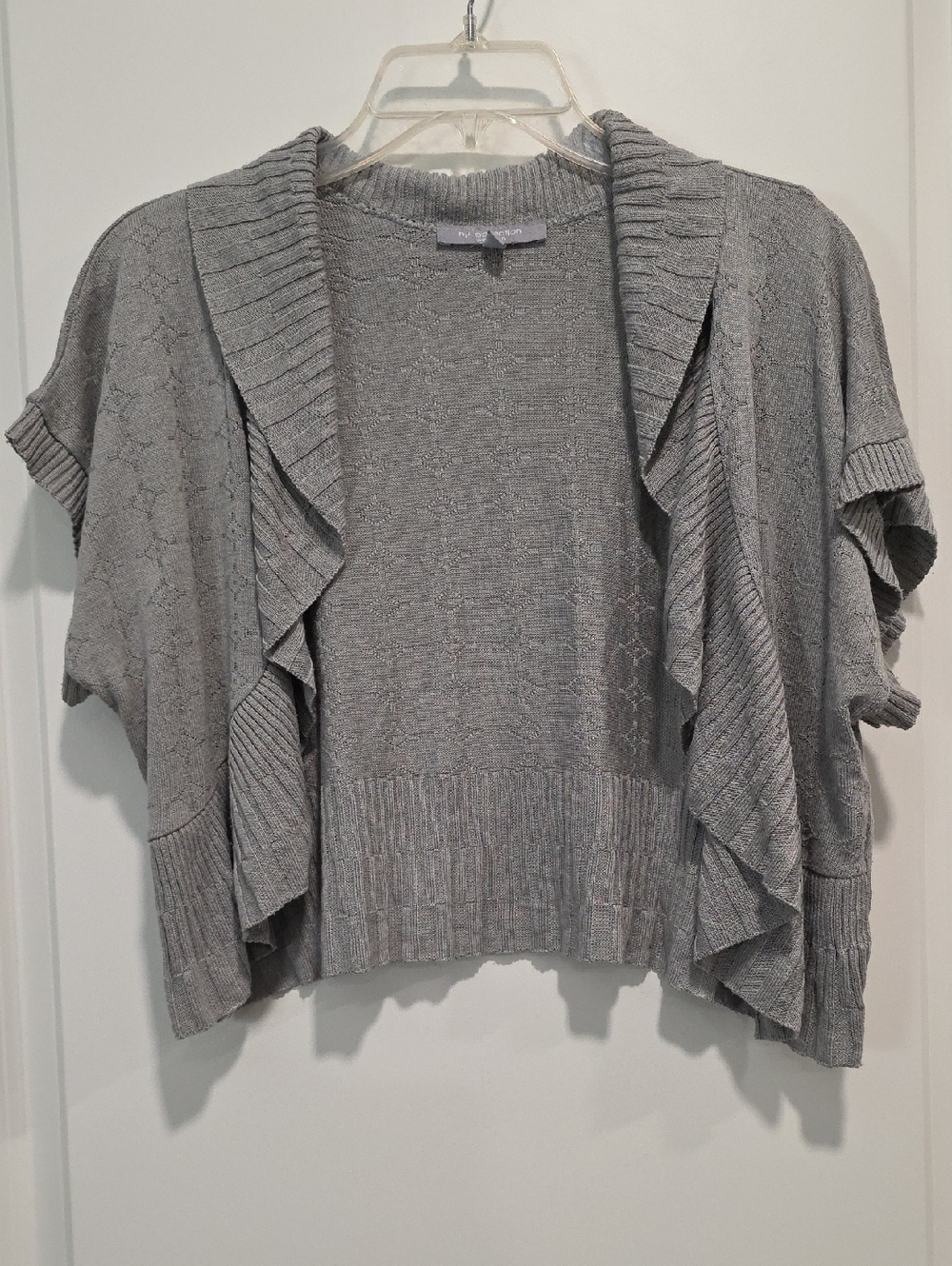 NY Collection Gray Ruffle-Front Short Sleeve Cardigan Shrug